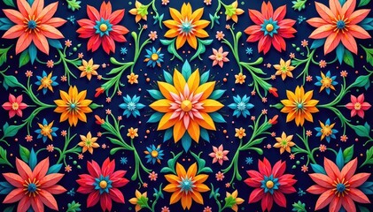 Intricate geometric floral pattern, vibrant hues, modern, textile