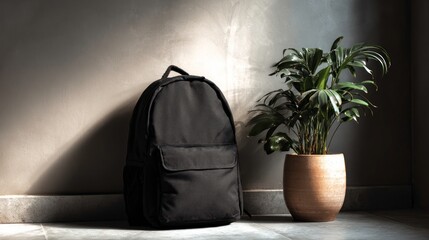 Black backpack sits on the floor next to a potted plant in a simple room