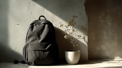 Black backpack against textured wall with a potted plant casting shadows