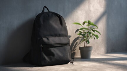 Black backpack rests against a gray wall next to a potted plant in sunlight
