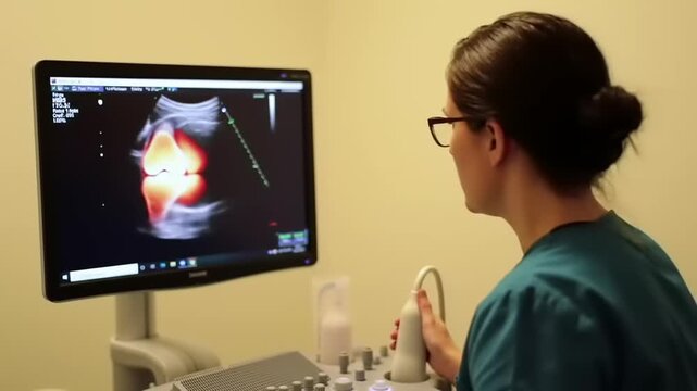 Doctor examining knee ultrasound image.
