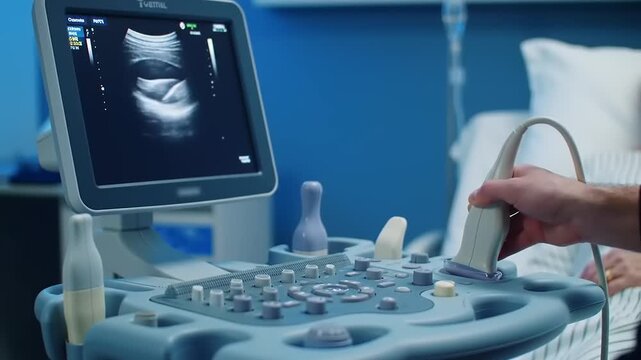 Doctor using ultrasound machine at clinic.