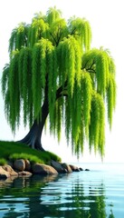 isolated willow tree on white riverbank with flowing water, willow, flowing