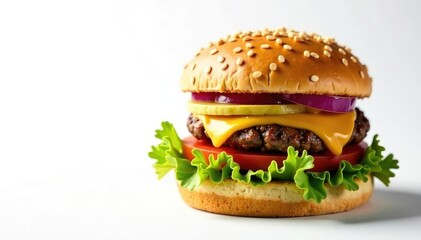 Juicy burger with cheese and sesame bun on white , tomato, delicious
