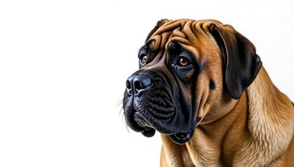 Large Mastiff head shot, intense gaze, pure white backdrop, mastiff, pet photography