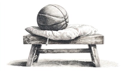 Charcoal rendering of a basketball atop a pillow resting on a weathered wooden stool