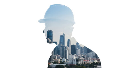 Engineer and cityscape double exposure concept highlighting engineer, construction, city captured in modern professional photography style