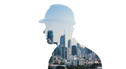 Engineer and cityscape double exposure concept highlighting engineer, construction, city captured in modern professional photography style