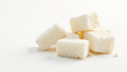 Lumps of refined sugar, bright white background, delicious, geometric