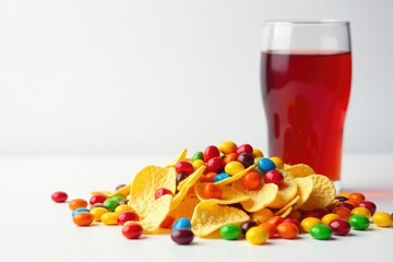 Pile of colorful candy, chips, and soda on white , sweet treat, unhealthy food, flavor
