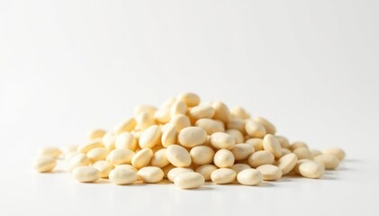 Pile of white beans against stark white backdrop, mound, culinary