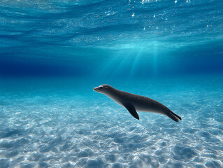 Fototapeta premium a playful underwater photograph of a sea lion chasing a school of small