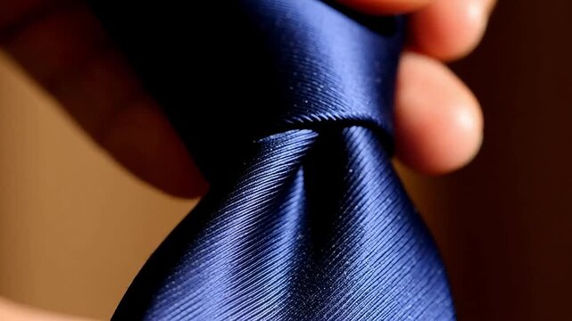 Close up of a man's hand adjusting a dark navy blue silk necktie with a subtle diagonal striped pattern and knot