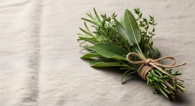 Aromatic fresh herb bundle of rosemary, sage, and thyme tied with natural twine resting on a rustic linen cloth, perfect for a culinary flavor concept