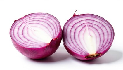 Red onion halves, showing layers, pure white background, slices, product