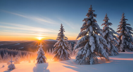 Golden hour winter landscape with snow-covered fir trees and mountain range at sunset