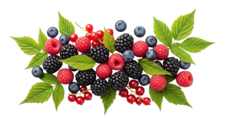 Creative representation of fresh mix of summer berries with green leaves isolated on a white background