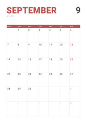 Monthly page Calendar Planner Template design of September 2026. Vector layout of calendar with week start Monday for Scheduling. Page for size A4 or 21x29.7 cm