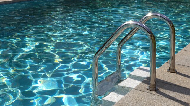 Reflective metal handrails descend into clear blue pool water under bright sunlight