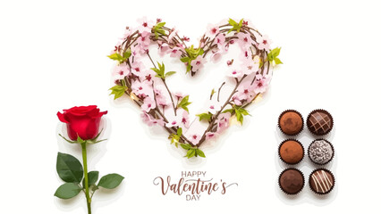 Red Rose Heart Shaped Wreath With Chocolates And Happy Valentines Day Text Keywords: valentine, heart, rose, flower, wreath