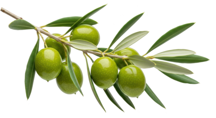 Creative representation of green olives on a branch isolated focusing on olive, olives, green ideal for