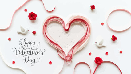 Valentine Heart Made Of Ribbon With Roses And Doves Keywords: valentine, heart, love, romance, ribbon, red, pink, white, roses
