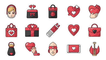 Valentine Icons Collection With Hearts Gifts And People Keywords: valentine, heart, love, romance, gift, present, bag, box