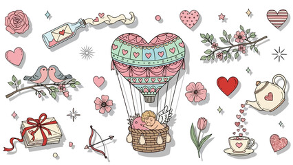 Valentine's Day Elements With Hot Air Balloon Cupid Birds And Flowers Keywords: valentine, love, heart, cupid, hot air balloon