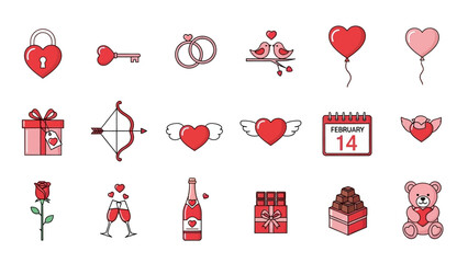 Valentine's Day icons collection heart lock key rings love birds balloons gifts symbol