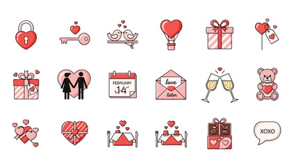 Valentine's Day Icons Collection Heart Lock Key Love Birds Hot Air Balloon Gift Box Keywords: valentine's day, love, heart
