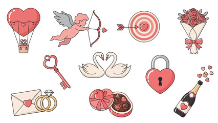 Valentine's Day Icons Collection With Hot Air Balloon Cupid And Love Symbols Keywords: valentine, love, heart, cupid, hot air