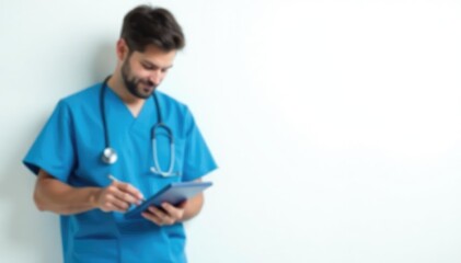 Fototapeta premium Veterinarian in scrubs, examining tools on white background, animal hospital, clean, animal doctor