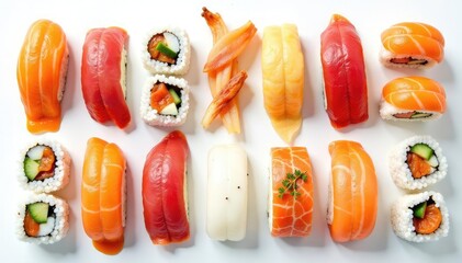 Various sushi pieces arranged artfully, white backdrop , rice, stockphoto