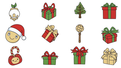 Christmas Icons Gift Boxes Tree Character Candy Cane Rattle Keywords: christmas, gift box, present, christmas tree, character