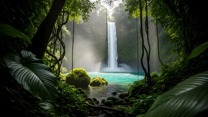 Waterfall Oasis in the Lush Jungle: A breathtaking waterfall cascades into a tranquil turquoise pool, nestled within the heart of a vibrant, verdant jungle.