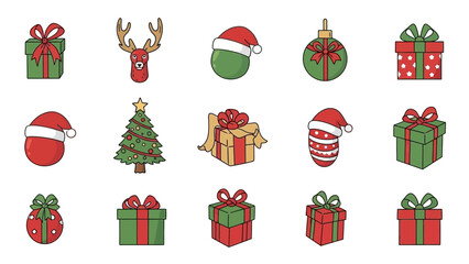 Group of Christmas Gift Icons in Red and Green with Festive Bows Keywords: christmas, holiday, festive, icon, symbol