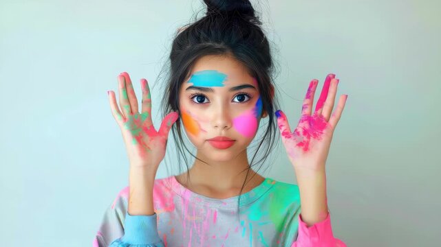 A young woman's vibrant celebration with colors: A young woman, radiating artistic expression, with colorful face and hands, embodying creativity and self-expression.