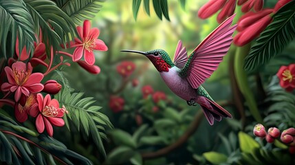 Obraz premium Vibrant hummingbird amidst a tropical flower garden