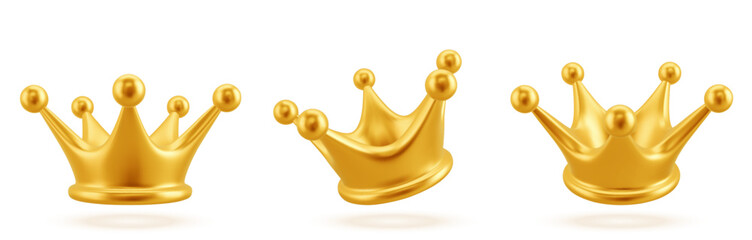 3D Gold Crown Icon Isolated on White. Render Golden Crown Symbol. Rating or Status Signs. Realistic Vector Illustration © elohimchik