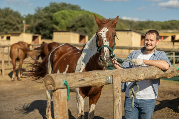 Young man leads horse on tether to hitching post