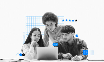 Three young adults focus on a laptop screen in a modern work environment. They discuss ideas, analyze data, and draw insights, showcasing teamwork and innovation in a collaborative setting.