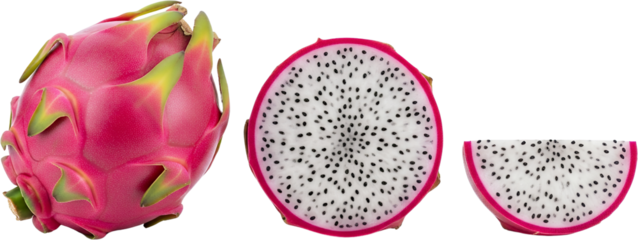Whole pink dragon fruit a halved white dragon fruit revealing black seeds and a crescent slice of dragon fruit on a transparent background pitaya tropical