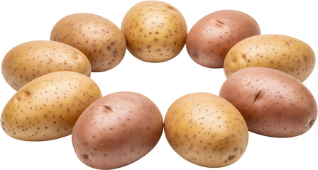 A circular arrangement of raw whole potatoes featuring a mix of yellow and red skinned varieties with visible brown speckles and eyes tubers root vegetable