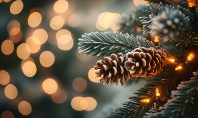 Frosted pine cone and evergreen branches decorating a christmas tree with warm glowing string lights creating a festive winter bokeh