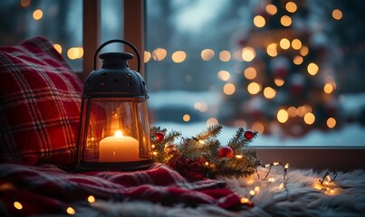 Window sill decorated for christmas, featuring a lit lantern, warm plaid blanket, fir branch, and fairy lights creating a cozy winter atmosphere