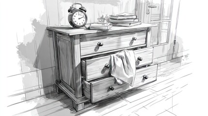 Detailed gray sketch of a wooden dresser with clock and books beside a door
