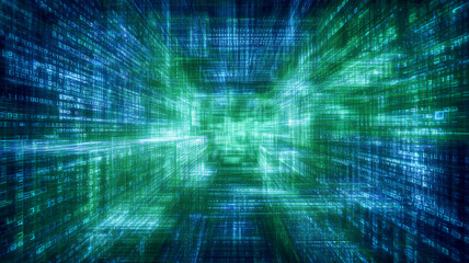 A digital matrix concept illustrated with green and blue data corridors symbolizing information flow, immersion, and high speed virtual environments.
