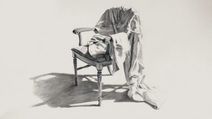 Charcoal drawing of a cloth draped over an antique wooden chair against a white backdrop
