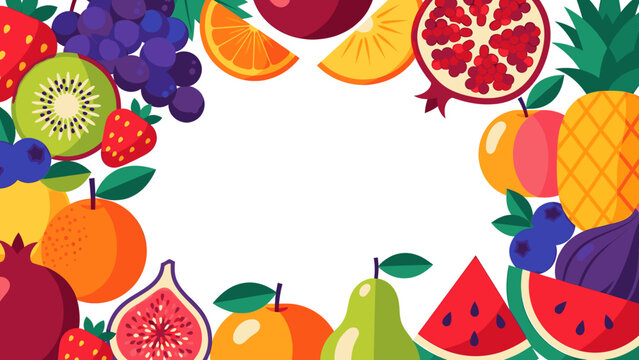 A vibrant assortment of fresh fruits forming a decorative border on a clean white background