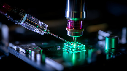 A precision laboratory instrument performing micro scale procedures that symbolize scientific advancement and high level experimental innovation.
